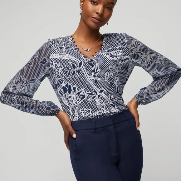 White House Black Market Navy and White Floral Blouse - Picture 1 of 5